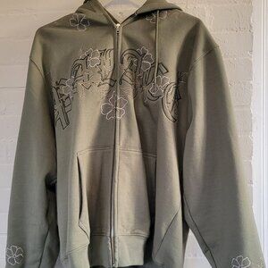 Palace Skateboards Zip Up Hoodie Large Sage Green Floral Vine Embroidery
